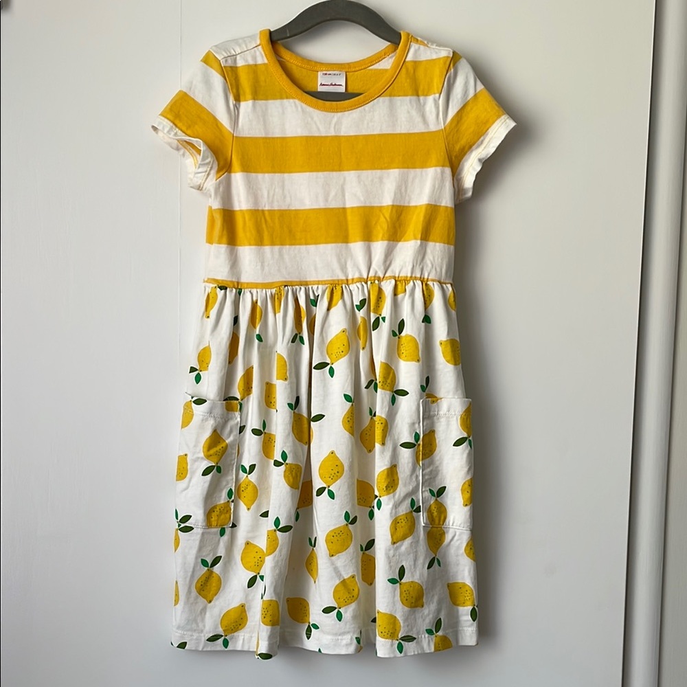 NEW Hanna Andersson Yellow Striped Lemon Print Mixie Dress 120 cm (size 6-7)